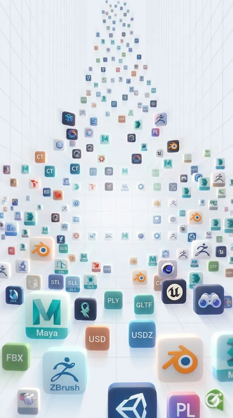A vertical 3D content environment filled with familiar software and model-format icons, showing compatibility with existing 3D assets.