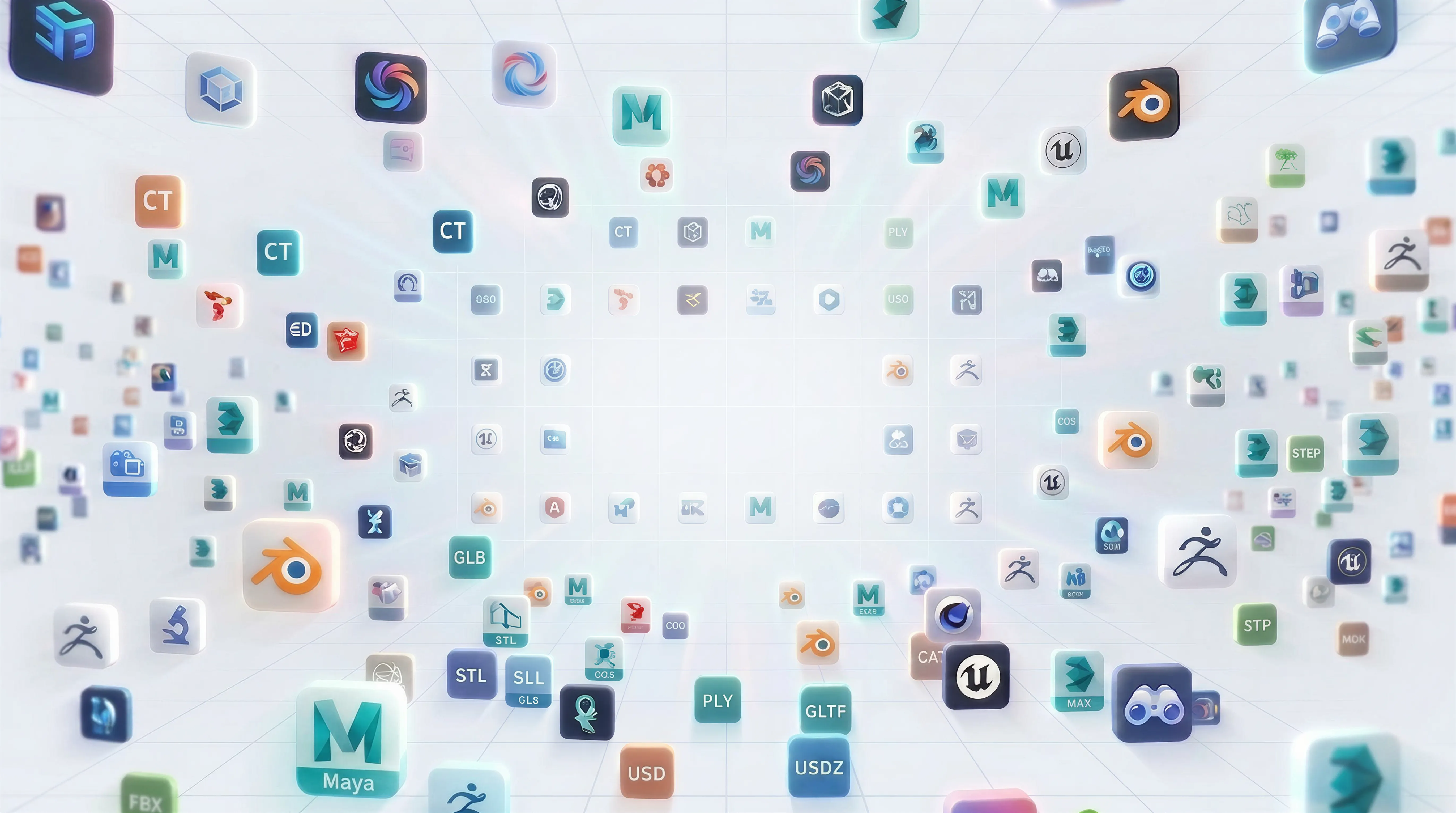 A wide 3D content environment filled with familiar software and model-format icons, showing compatibility with existing 3D assets.