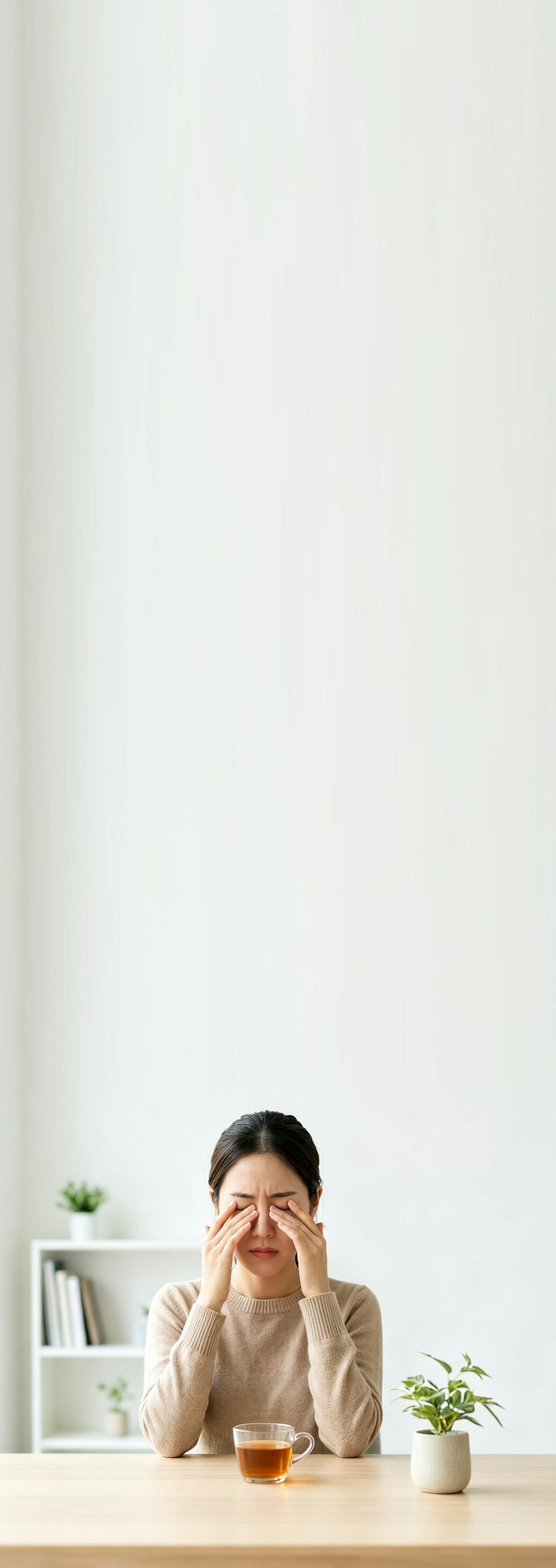 A person rubbing their eyes in a bright workspace, illustrating reduced eye strain during extended viewing.