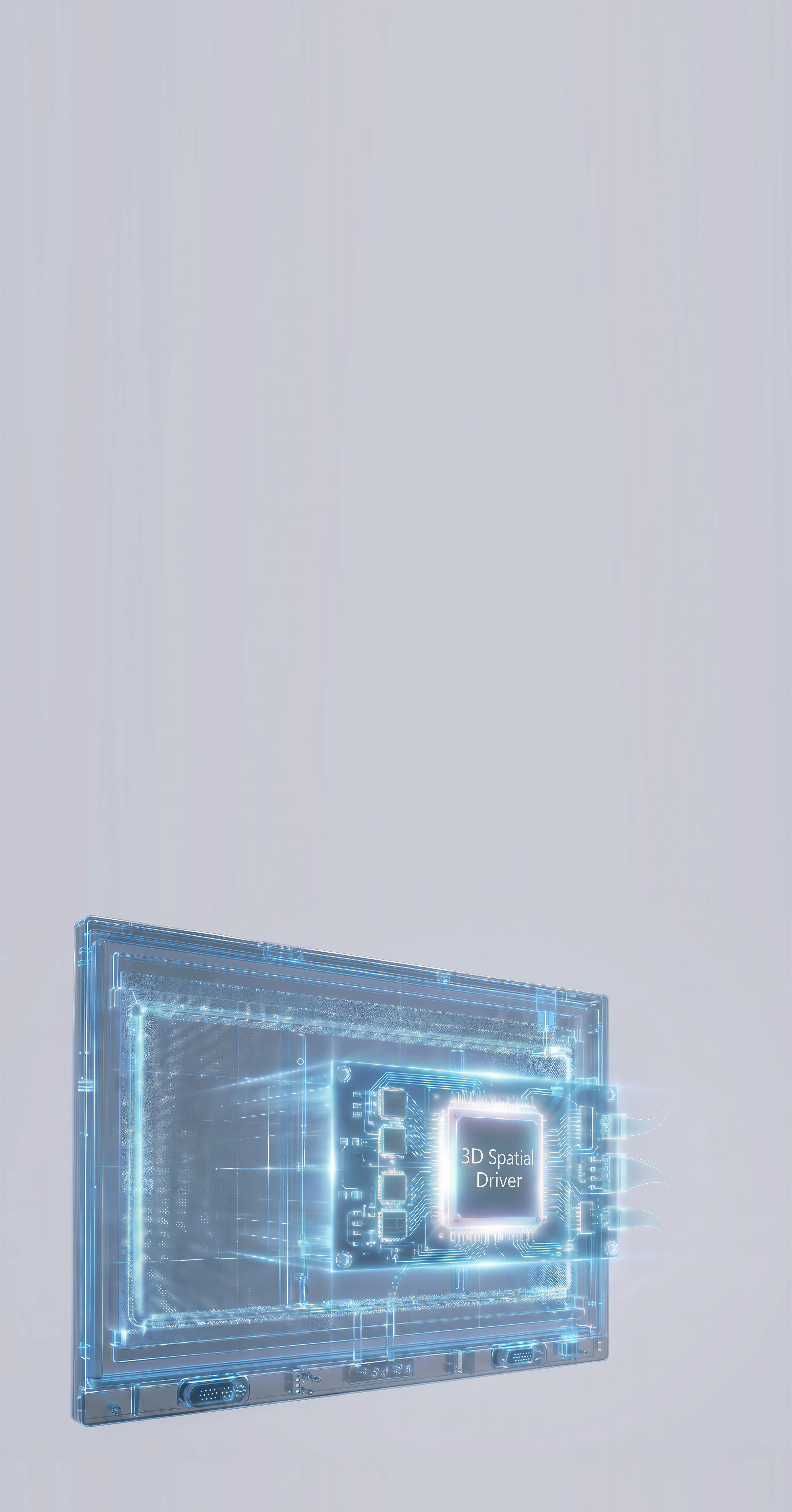 A hologram-style display and chip system representing FPGA-driven 3D processing.