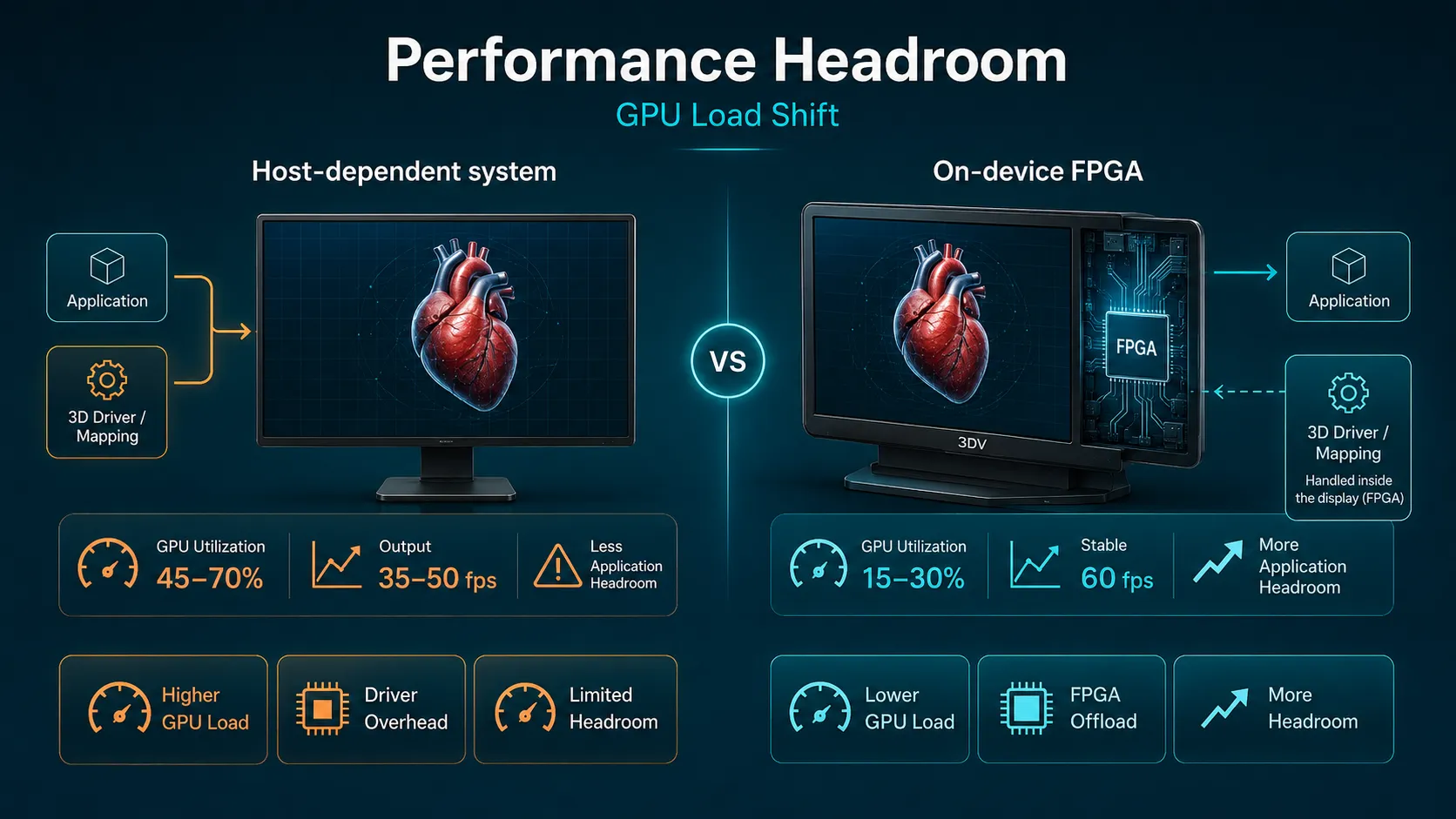 Performance comparison showing frame rate and GPU utilization differences between host-dependent 3D mapping and a 3DV on-device FPGA pipeline