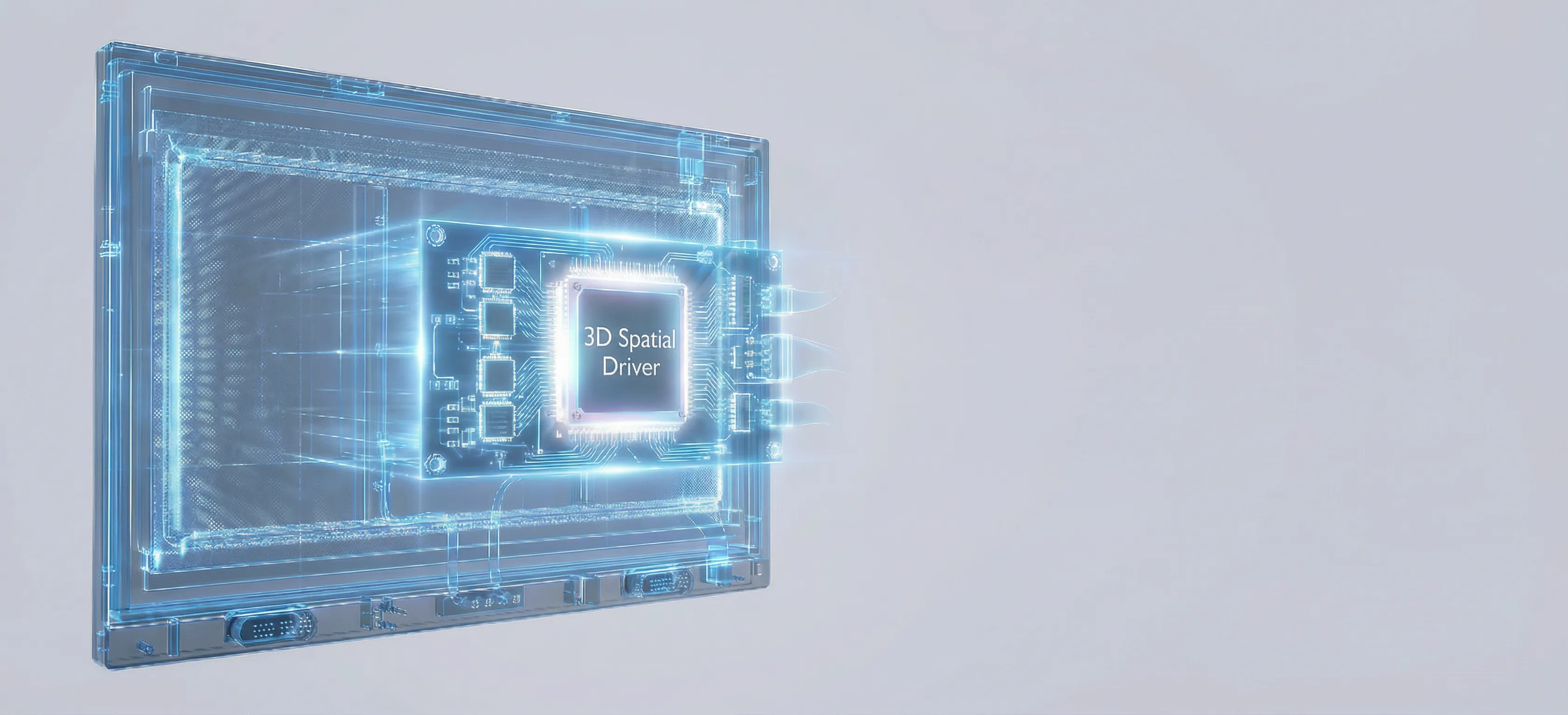 A hologram-style display and chip system representing FPGA-driven 3D processing.