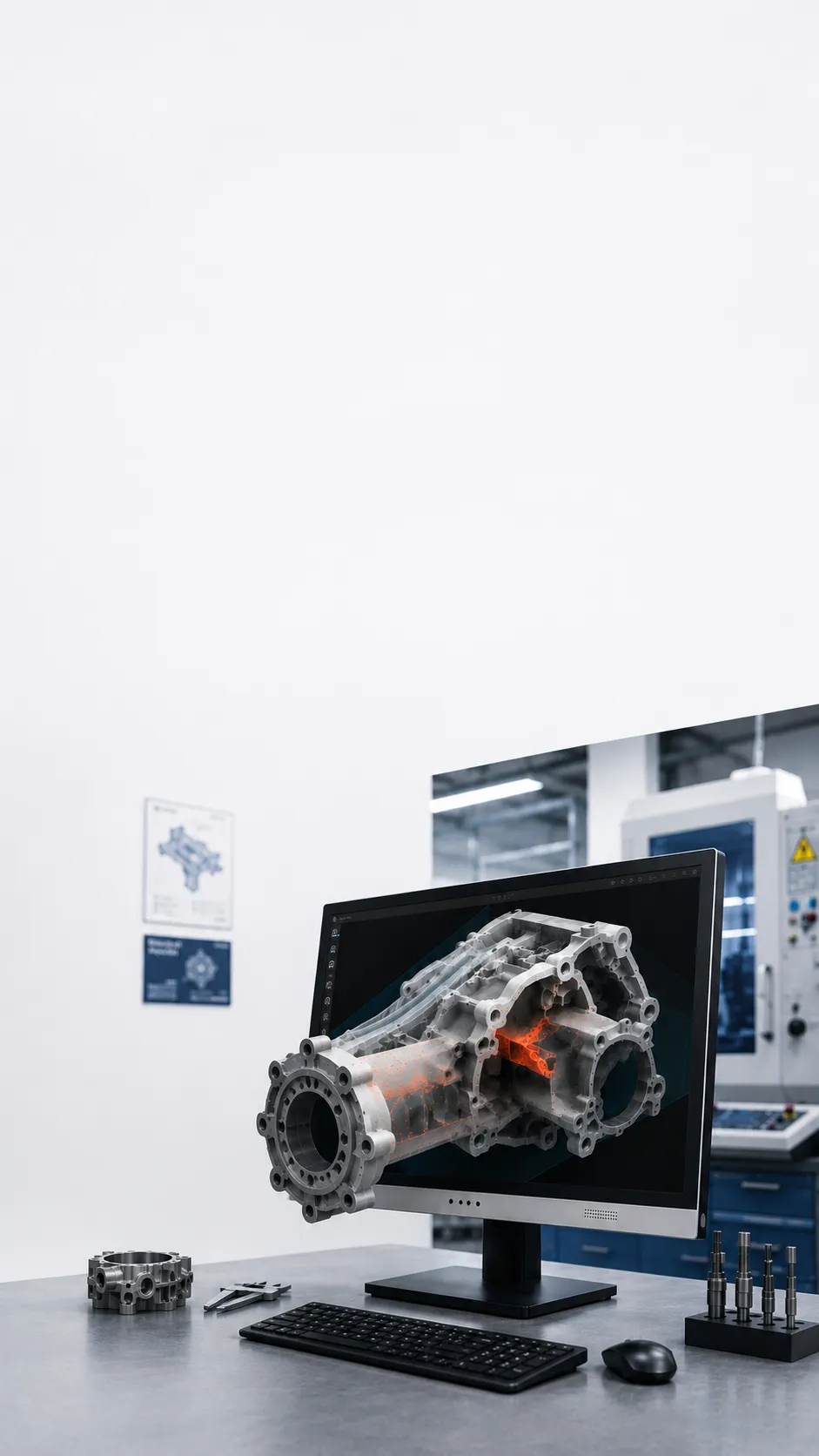 An industrial component CT visualization extending from a 3DV monitor in an inspection lab.