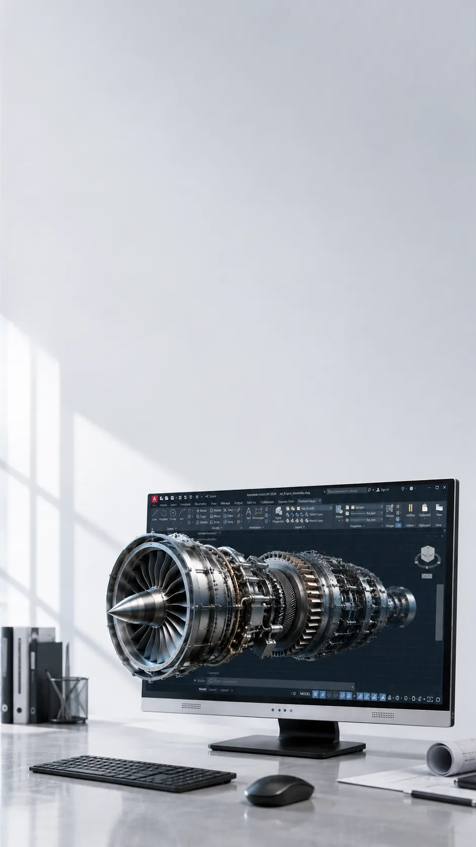 A detailed turbine assembly extending forward from a 3DV glasses-free 3D monitor.