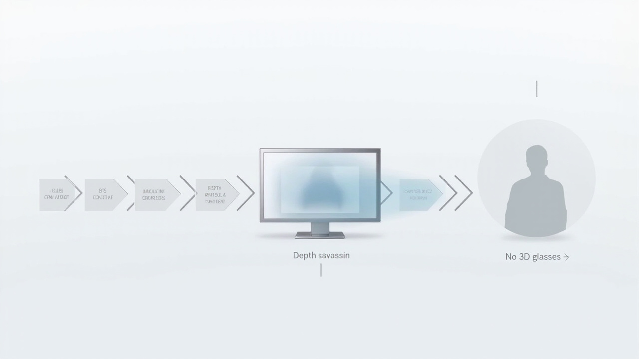 Workflow diagram showing 3D screen content pipeline from SBS, Unity, Unreal, WebGL, and CAD sources to a reviewed depth image.