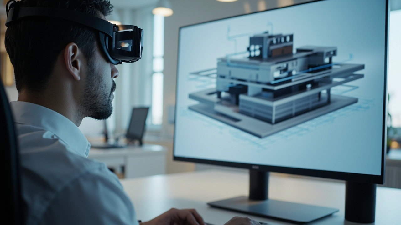 Professional reviewer looking at a glasses-free 3D spatial display showing a layered 3D model