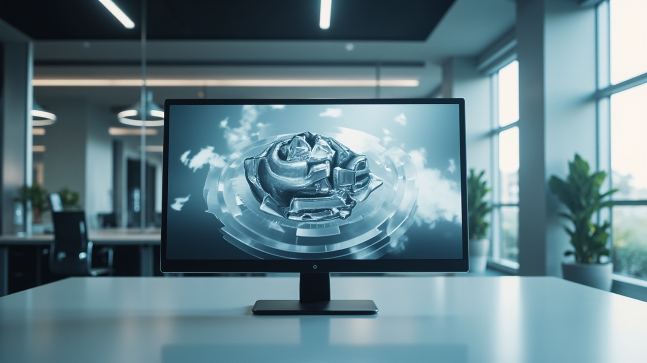 Glasses-free stereoscopic 3D monitor on a desk showing a depth-rich 3D model in a professional review environment