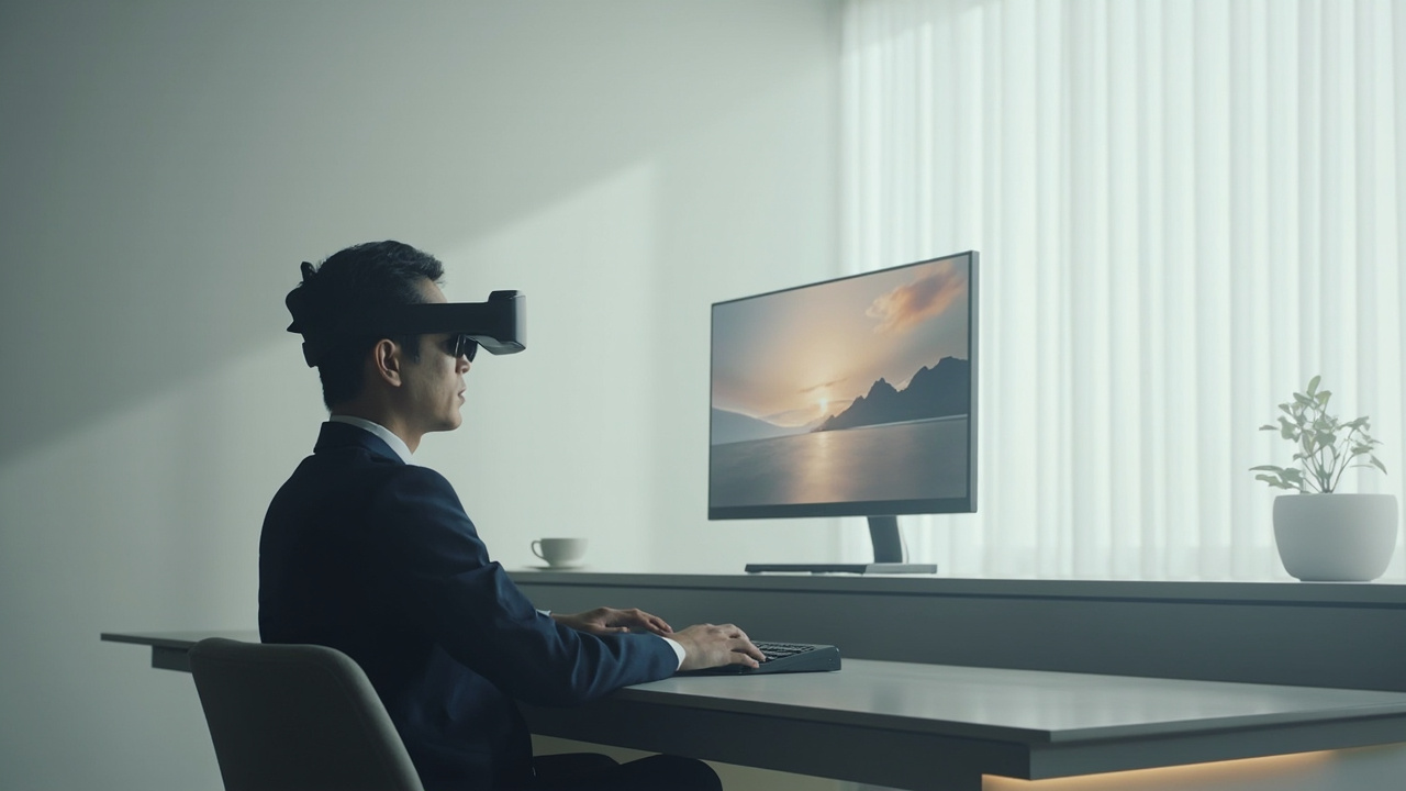 A 3DV Spatial Display on a stable desk with a single seated viewer at the recommended viewing distance, illustrating the core stereoscopic 3D enablement environment.