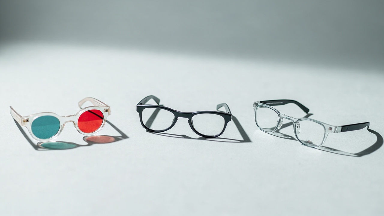 A set of common 3D glasses formats laid out for comparison