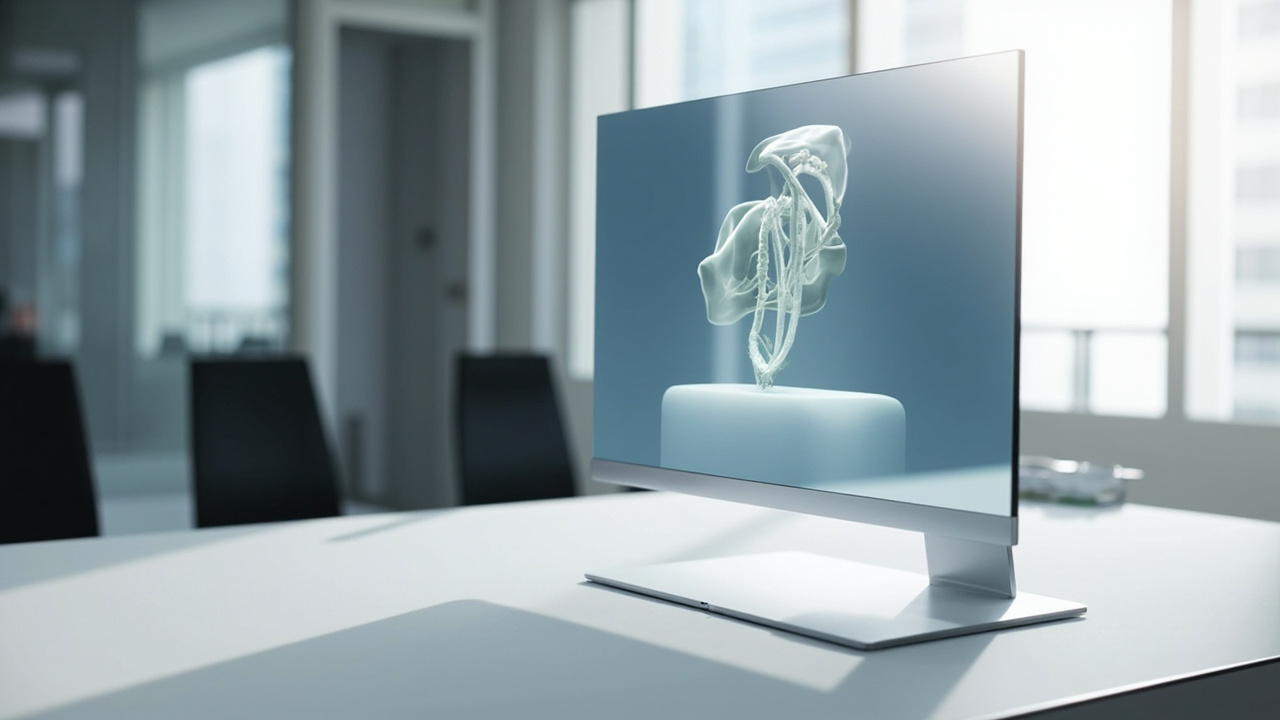 A 3DV 27 inch Pro spatial display on a review desk, showing a stereo 3D model without glasses on the viewer.