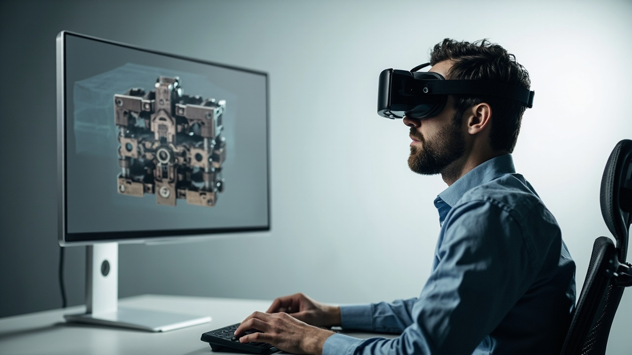 Professional user reviewing a 3D model on a 3DV glasses-free spatial display in a typical office environment.