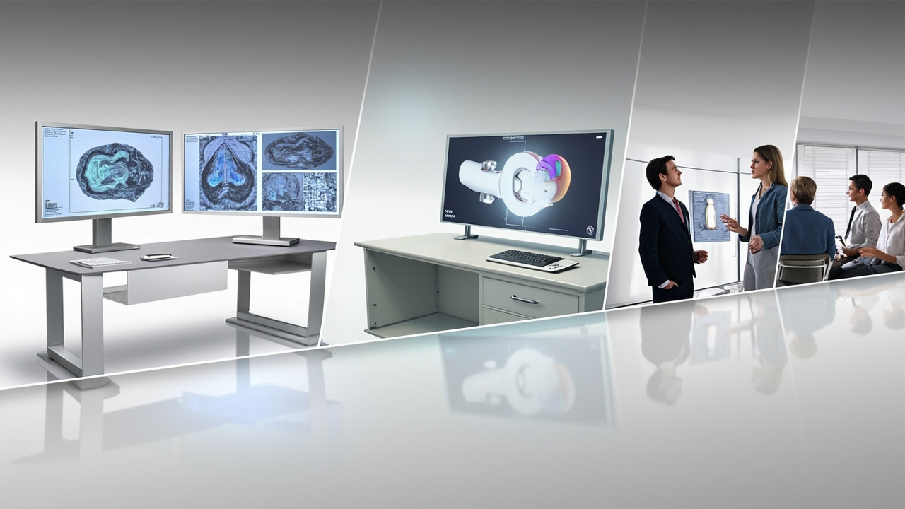 Workflow scenes showing medical visualization, industrial CT review, and CAD design review using a spatial 3D display app