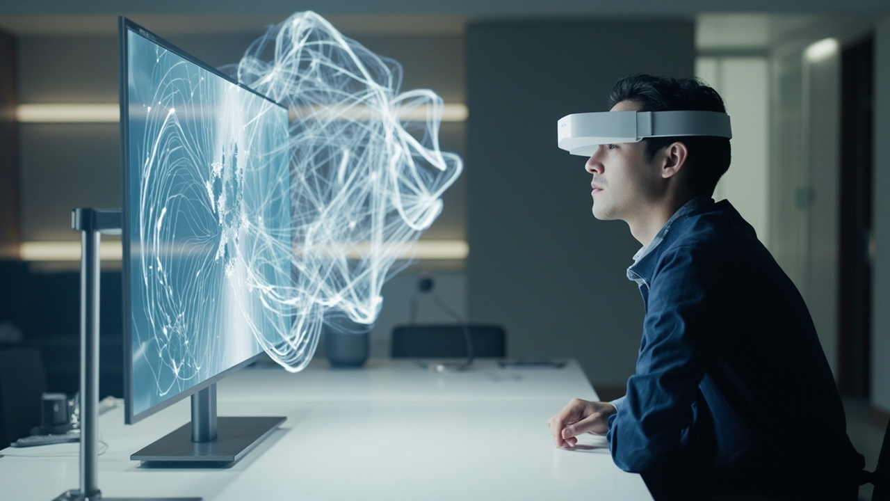 A professional seated in front of a 3DV Spatial Display, viewing a 3D CAD model without glasses or a headset.