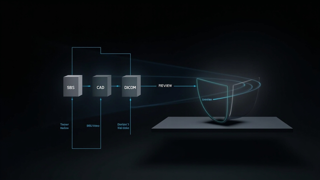 A workflow diagram showing stereo or SBS source content prepared for review on a 3DV Spatial Display without glasses.