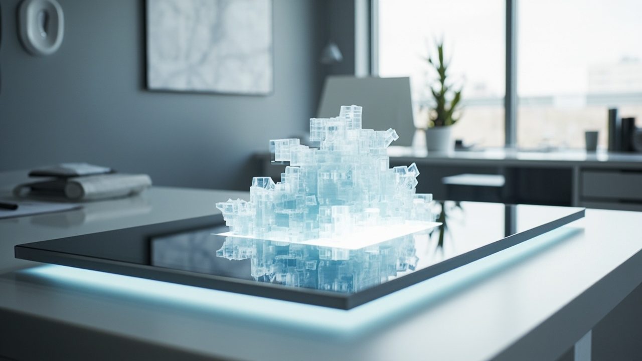 Glasses-free 3D spatial display on a desk showing a depth-rich 3D model in a professional review environment.