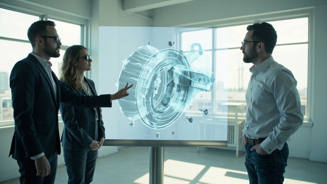 Professional review team standing around a large glasses-free 3D display, reviewing a 3D CAD or medical model together.