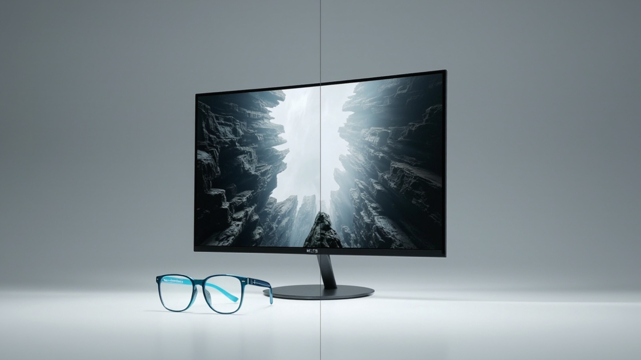 Side-by-side comparison showing traditional 3D glasses on the left and a glasses-free 3D spatial display on the right, both showing the same depth scene.