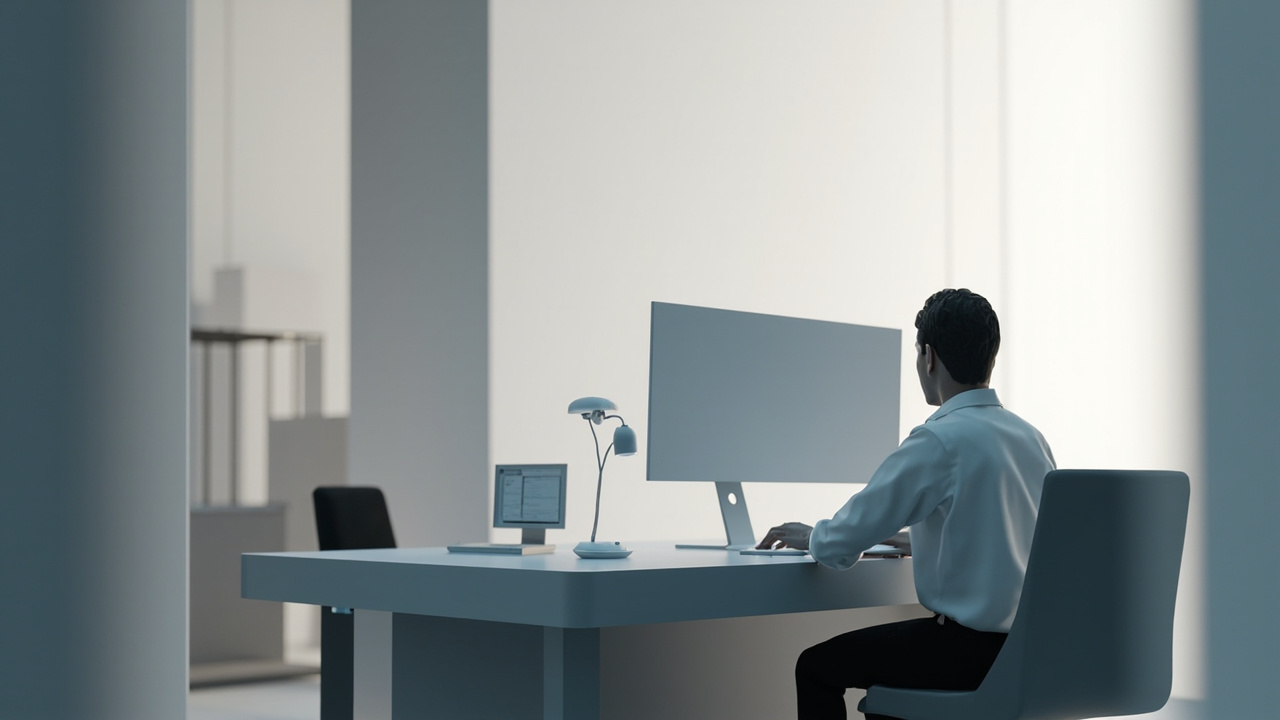 A professional reviewer working at a desk with a large monitor, illustrating the all-day screen comfort question.