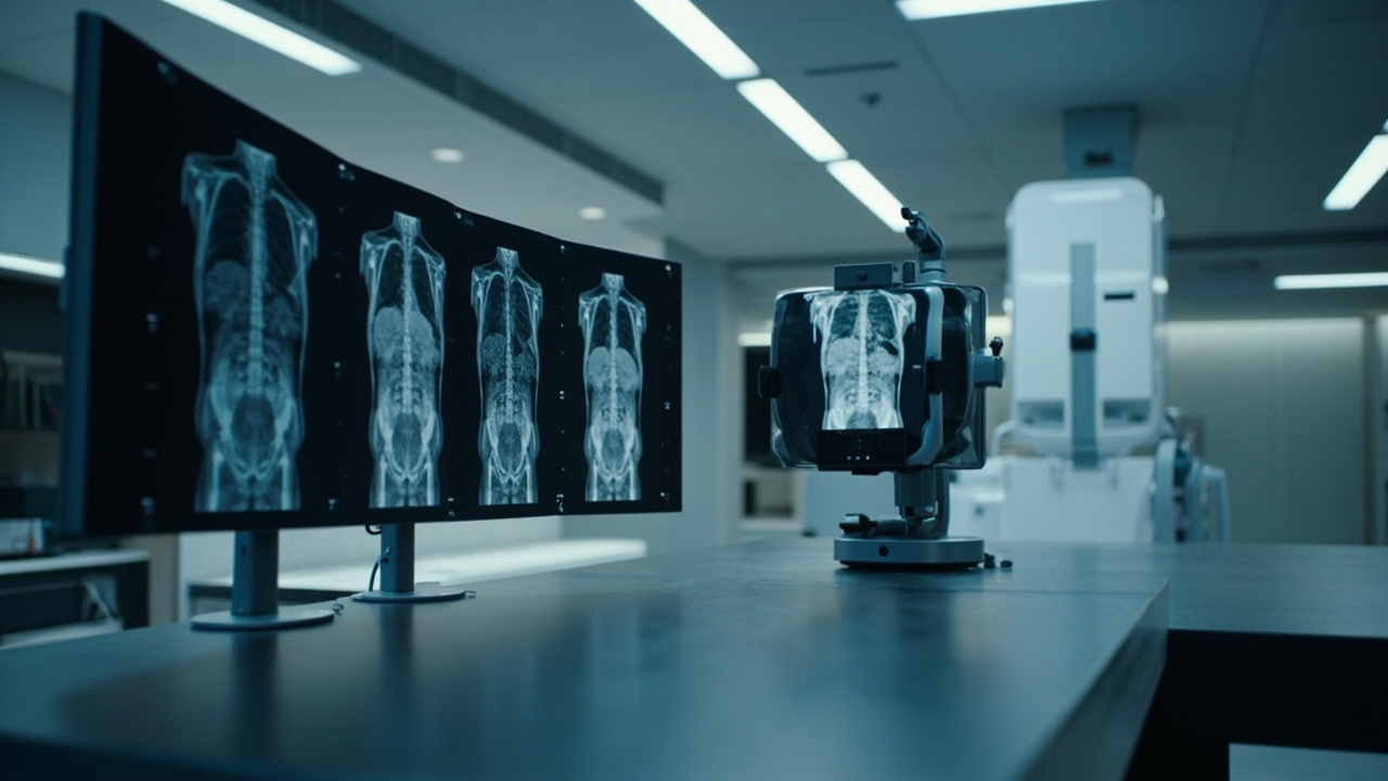 A radiology reading room with diagnostic monitors and a glasses-free 3D spatial display used for teaching.