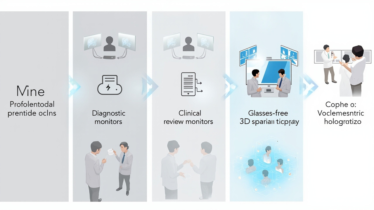 Workflow showing diagnostic monitors, clinical review monitors, and a glasses-free 3D spatial display mapped to reader roles in a radiology department.